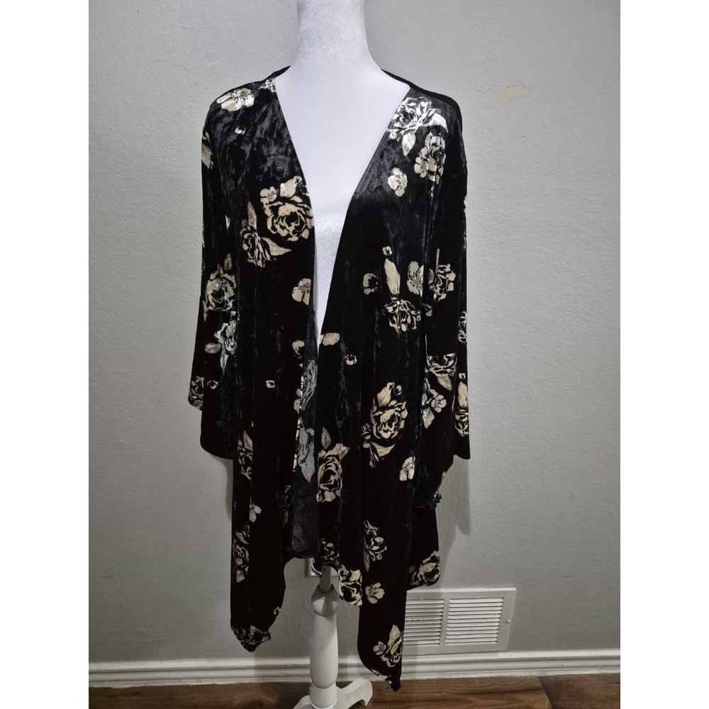 NY‎ Collection Open Kimono Sz 2X Whimsigoth Velvet Burnout Floral Black Cardigan